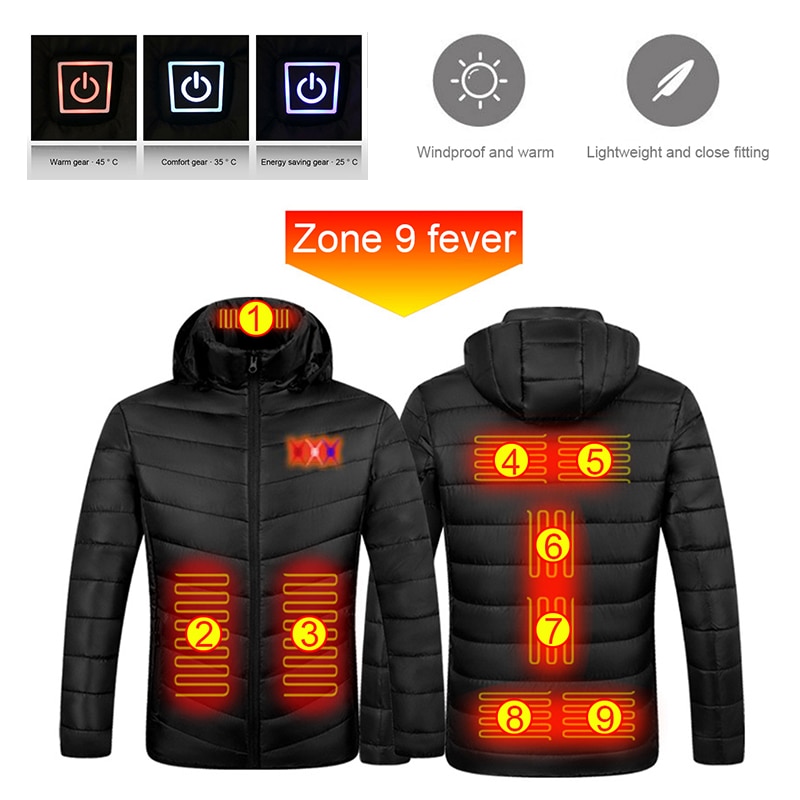 따뜻한 방수 방풍 후드 보온 USB 전기 겨울 재킷, 야외 캠핑 하이킹 열 코트 의류 9 지점